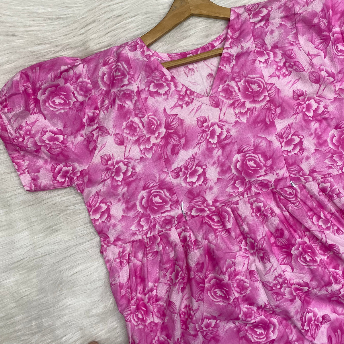 Frock Feeding Nighty, Free Size, Ankle Length, Tie-Up, Puff Sleeve Sleepwear in Softest Cotton Fabric (Bra Size 34"-38" | 50”-52″ length)