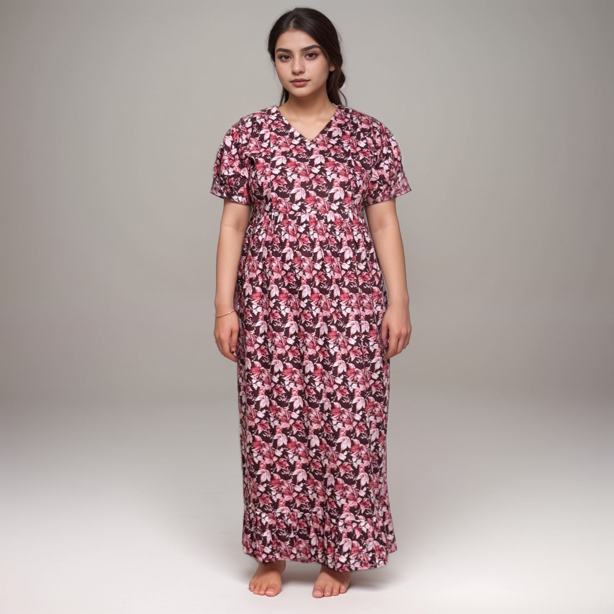 Frock Feeding Nighty, Free Size, Ankle Length, Tie-Up, Puff Sleeve Sleepwear in Softest Cotton Fabric (Bra Size 34"-38" | 50”-52″ length)