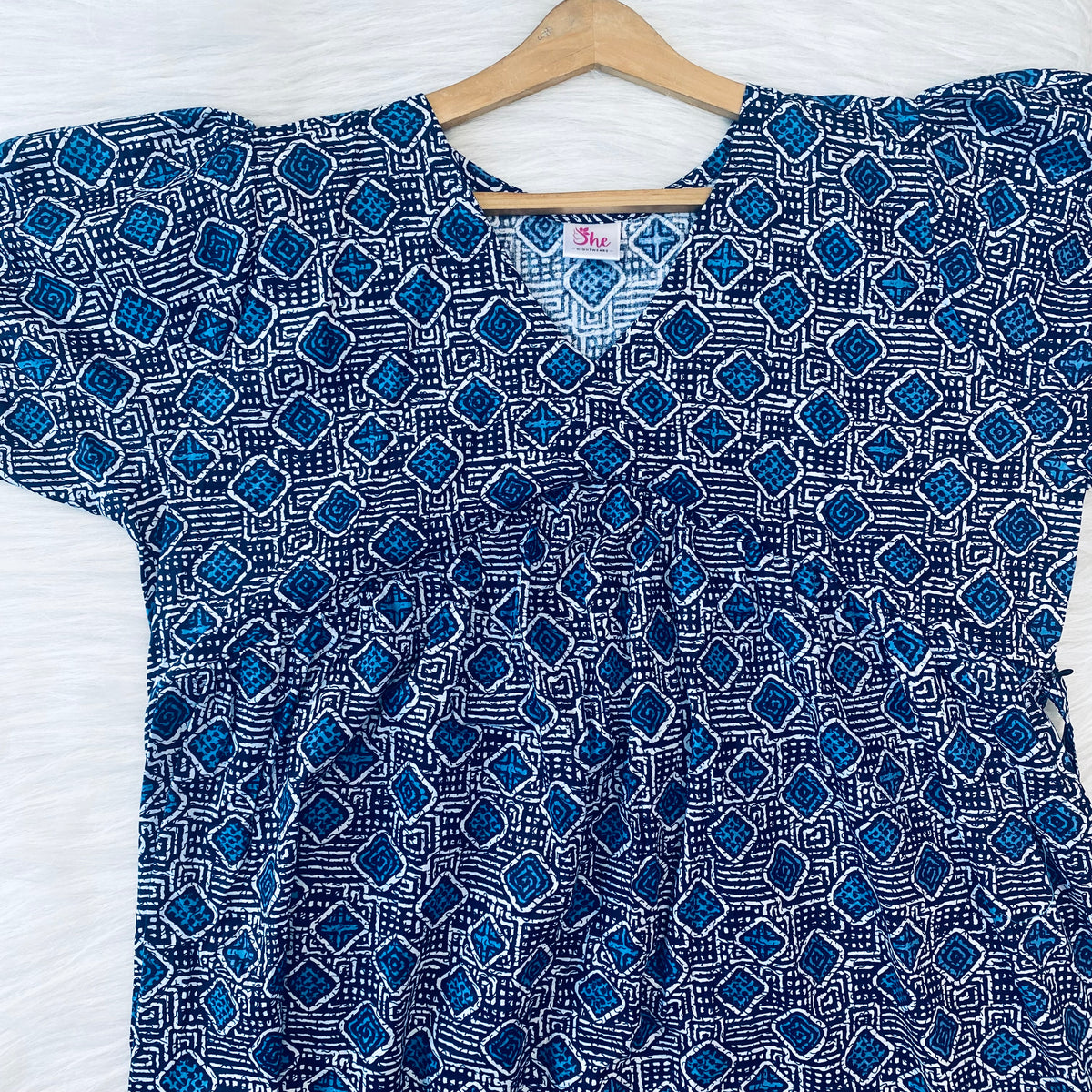 Feeding Frock Alia Cut, Free Size, Ankle Length, Tie-Up, Puff Sleeve Sleepwear in Softest Cotton Fabric (Bra Size 34"-38" | 50”-52″ length)