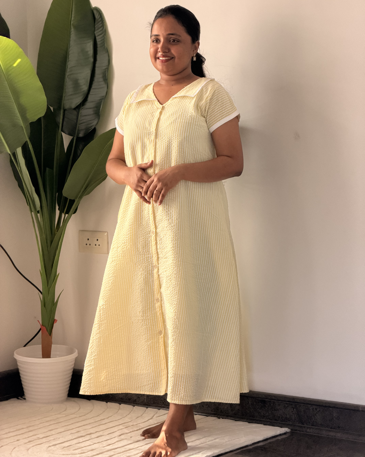 Solen | She Wardrobe Premium Cotton Seersucker Maternity & Nursing Dress – Soft Lemon