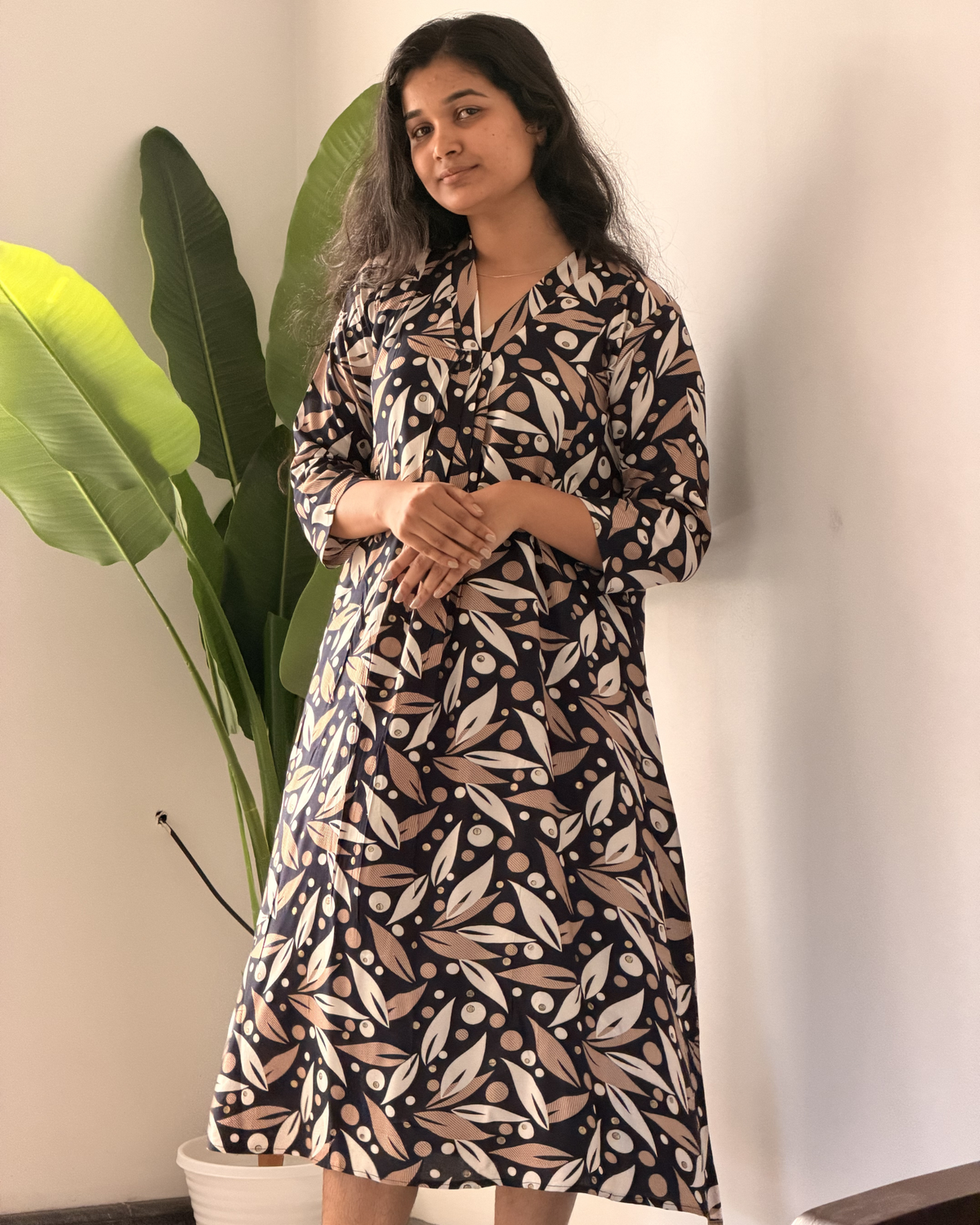 Navy Blue Abstract Pattern Maternity & Nursing Midi Dress with Hidden Feeding Zippers