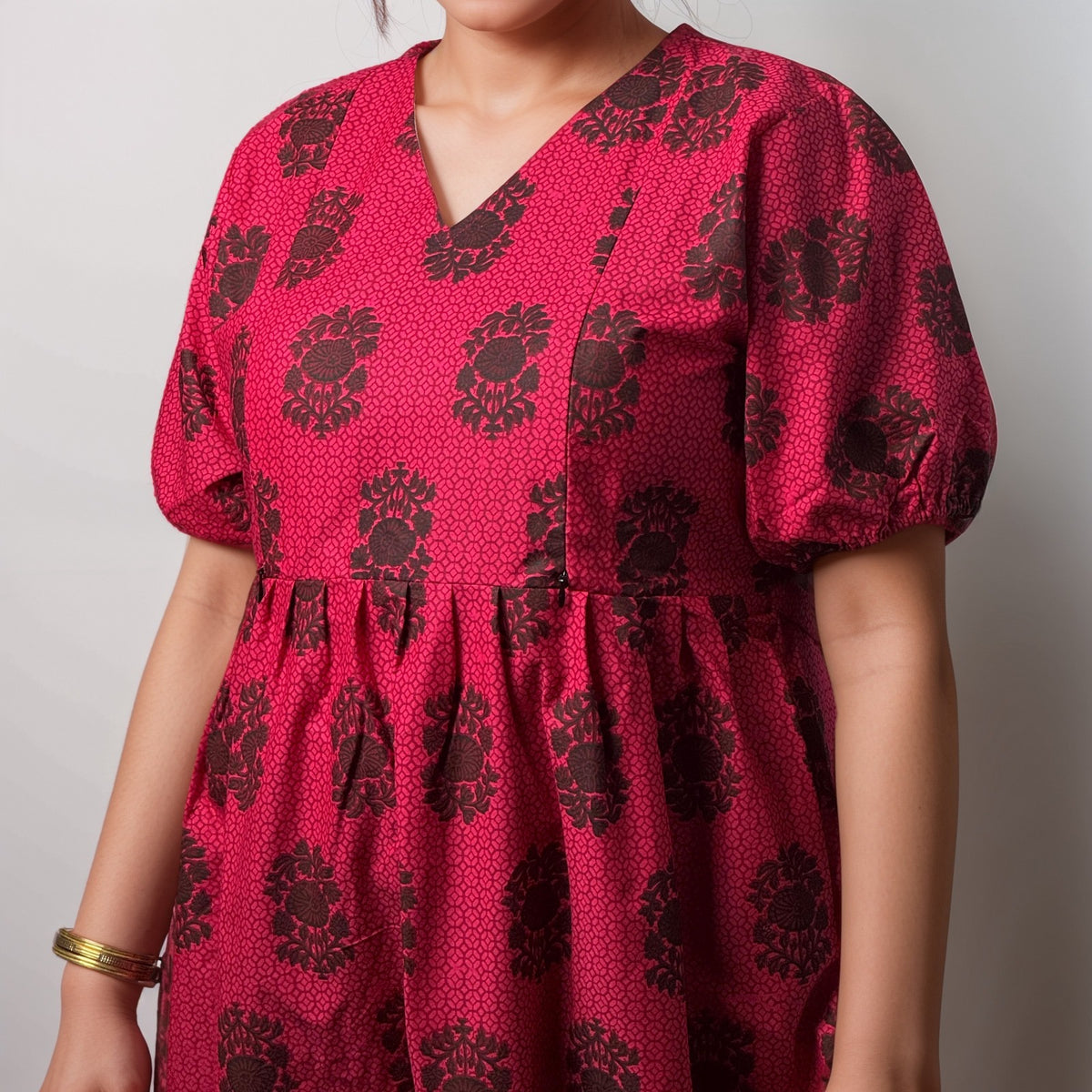 Frock Feeding Nighty, V-Neck, Free Size, Ankle Length, Tie-Up, Puff Sleeve Sleepwear in Softest Cotton Fabric (Bra Size 34"-38" | 50”-52″ length)