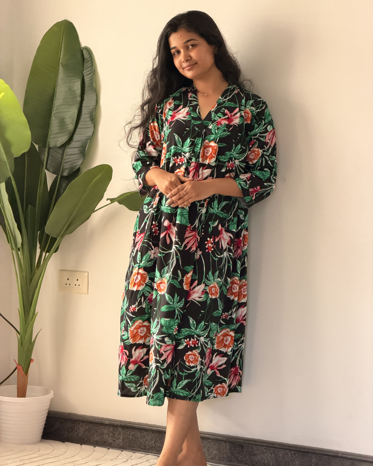 Tropical Garden Maternity & Nursing Midi Dress with Concealed Feeding Zippers