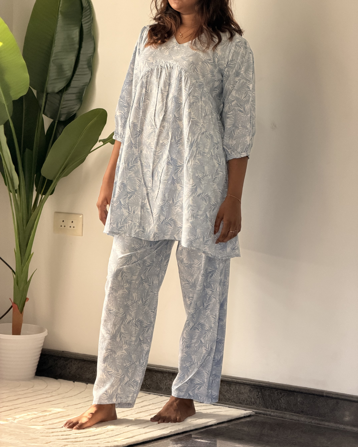 Soft Blue Leaf Print Maternity & Feeding Friendly Soft Premium Rayon Cotton Coord Set