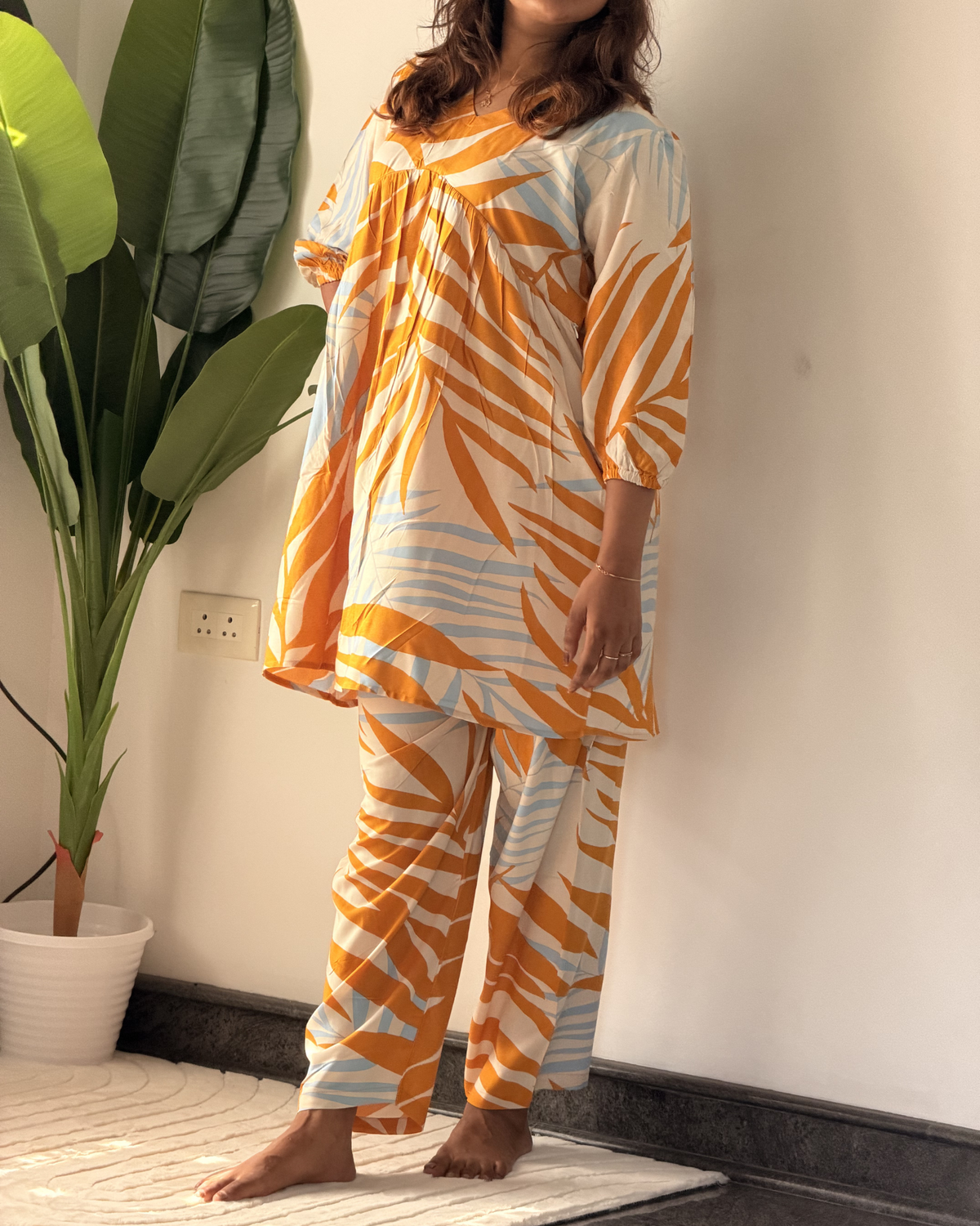 Sunlit Leaf Print Maternity & Feeding Friendly Soft Premium Rayon Cotton Coord Set