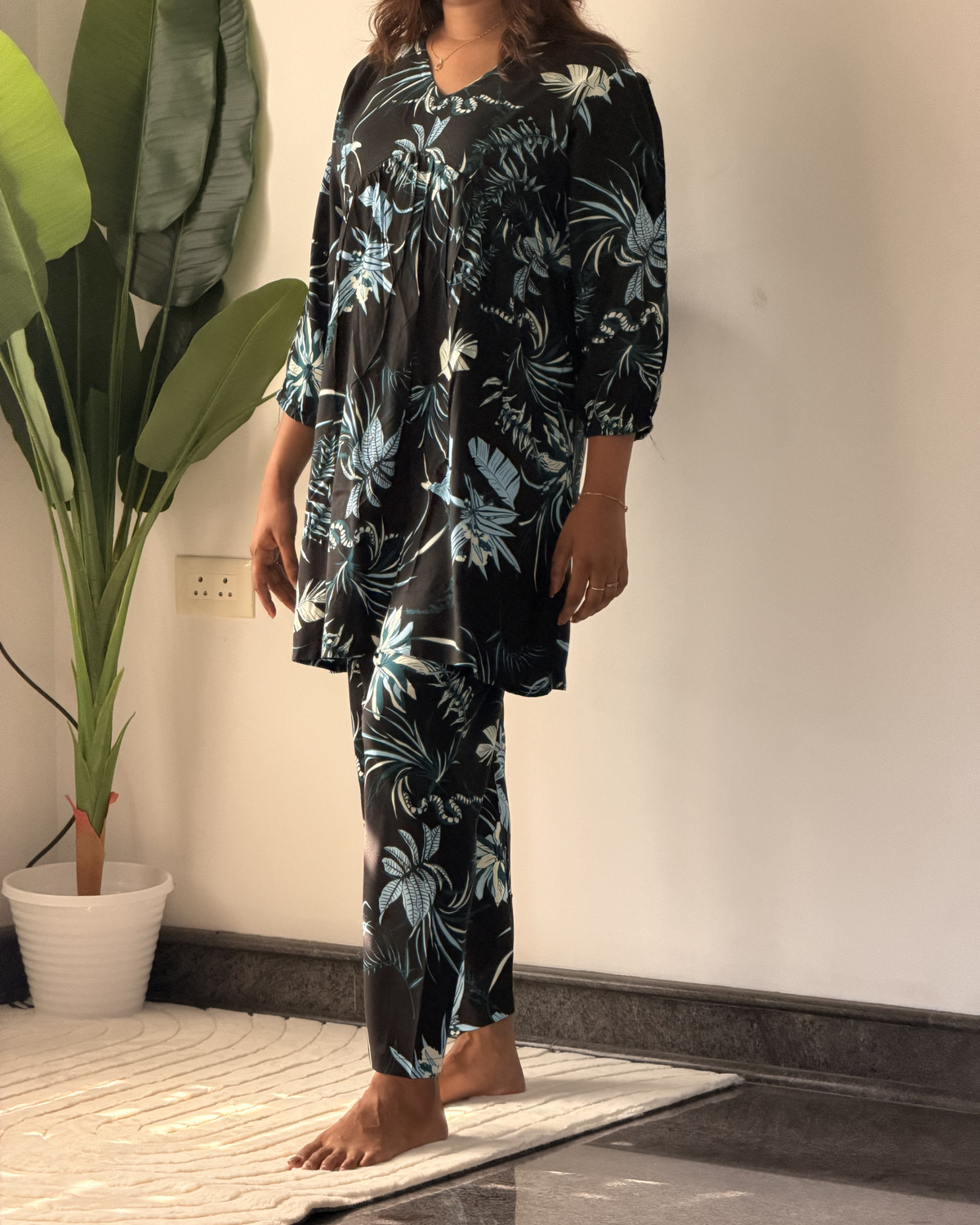 Midnight Blue Tropical Leaf Maternity & Feeding Friendly Soft Premium Rayon Cotton Coord Set