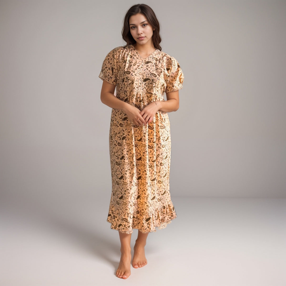 Frock Feeding Nighty, Free Size, Ankle Length, Tie-Up, Puff Sleeve Sleepwear in Softest Cotton Fabric (Bra Size 34"-38" | 50”-52″ length)