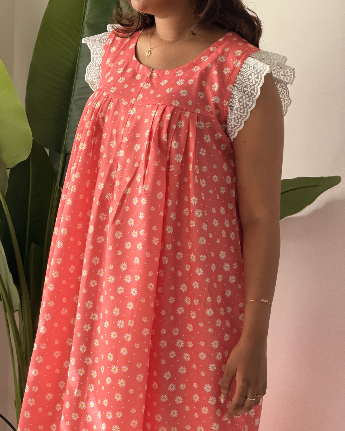 Zinnia | She Wardrobe Front Zip Premium Cotton Calf-Length Maternity & Nursing Gown – Apricot Bloom