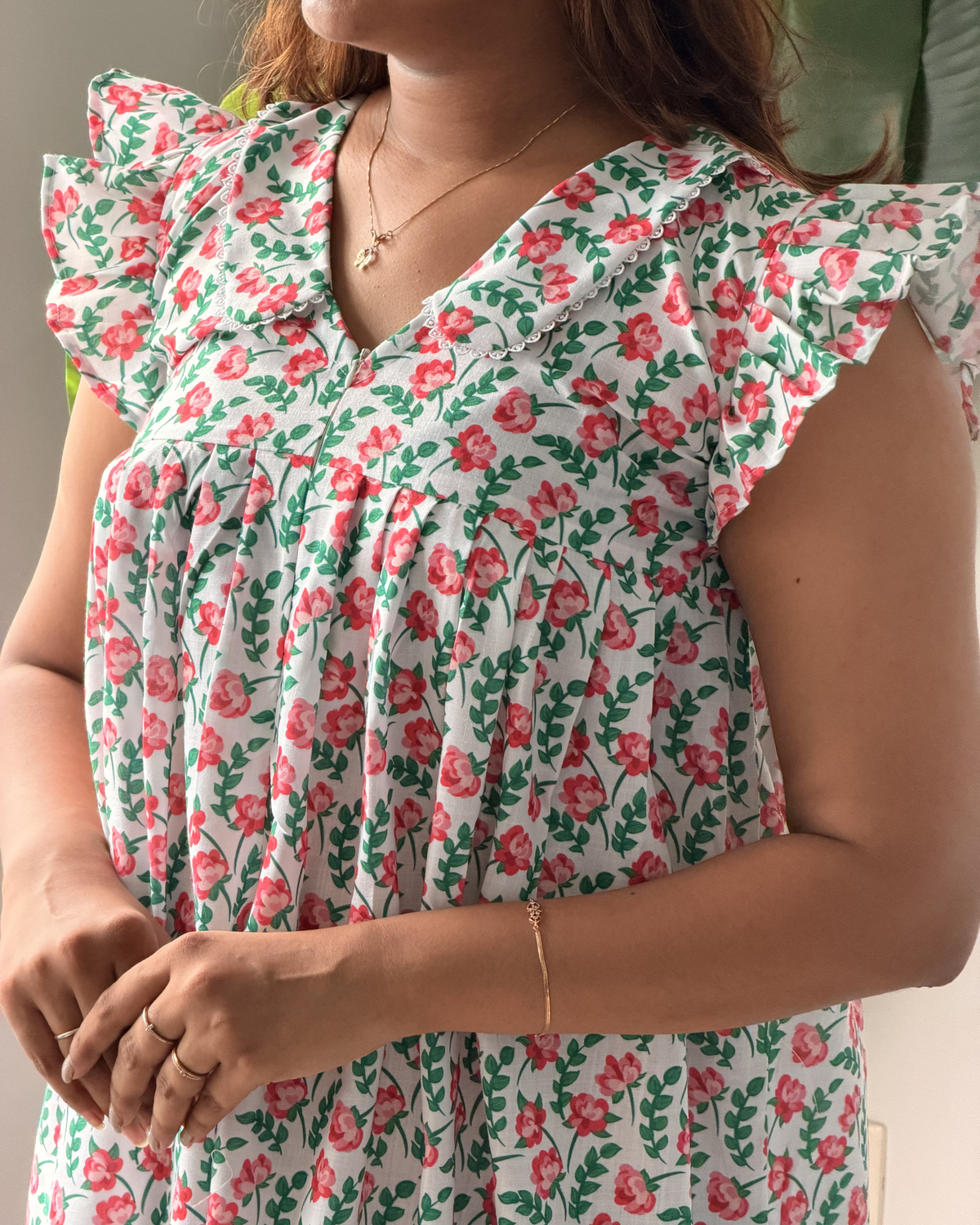 Rosette | She Wardrobe Peter Pan Collar Premium Cotton Calf-Length Maternity & Nursing Gown – Crimson Vine