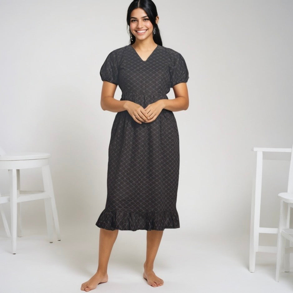 Frock Feeding Nighty, Free Size, Ankle Length, Tie-Up, Puff Sleeve Sleepwear in Softest Cotton Fabric (Bra Size 34"-38" | 50”-52″ length)