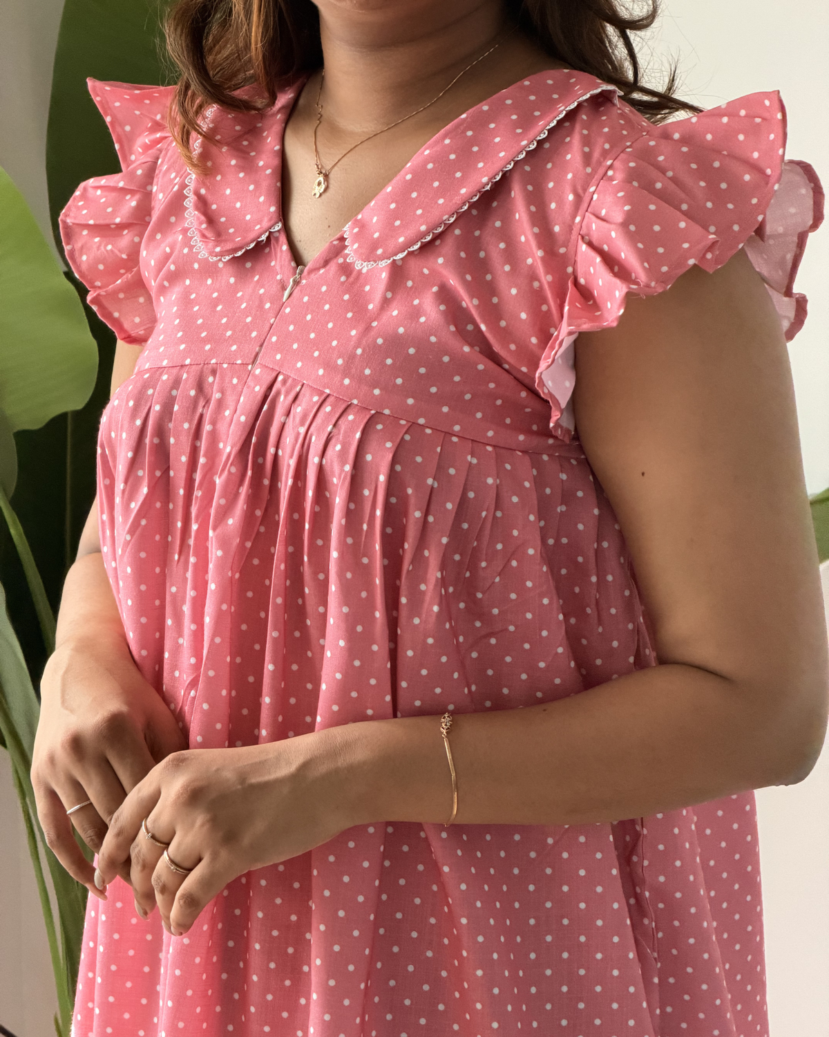 Dotty | She Wardrobe Peter Pan Collar Premium Cotton Calf-Length Maternity & Nursing Gown – Rose Blush Polka