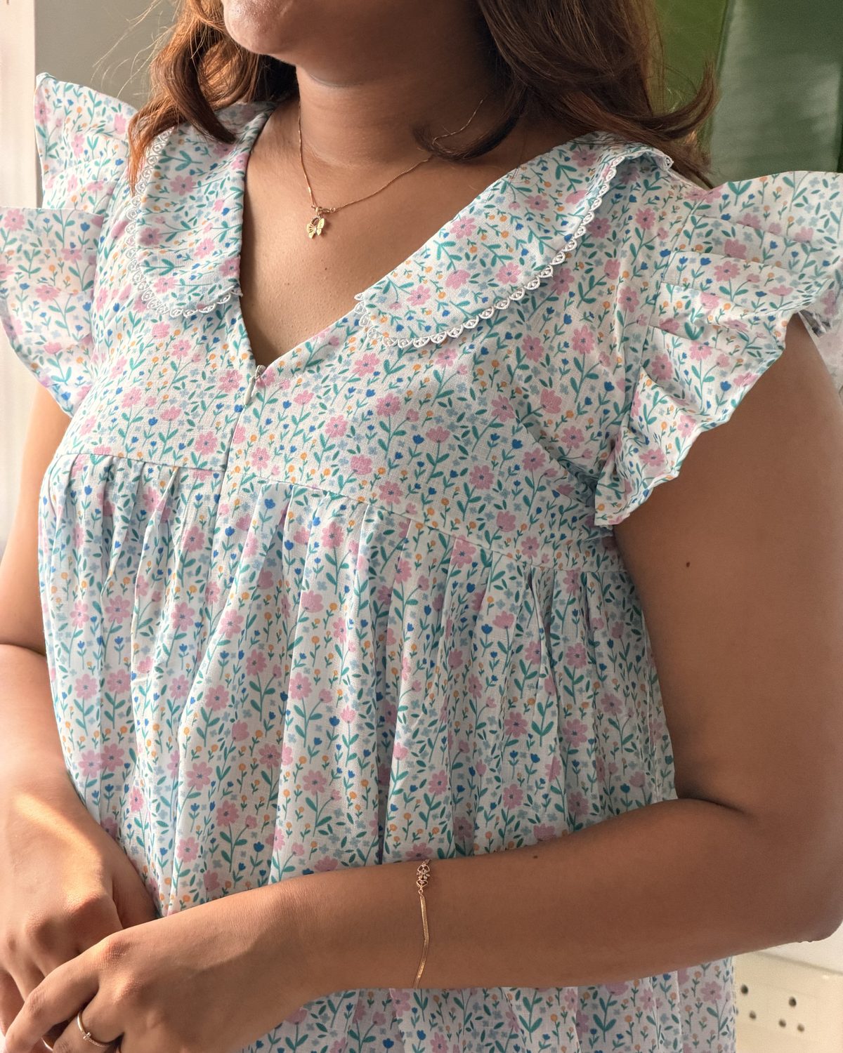Meow | She Wardrobe Peter Pan Collar Premium Cotton Calf-Length Maternity & Nursing Gown – Spring Sprig