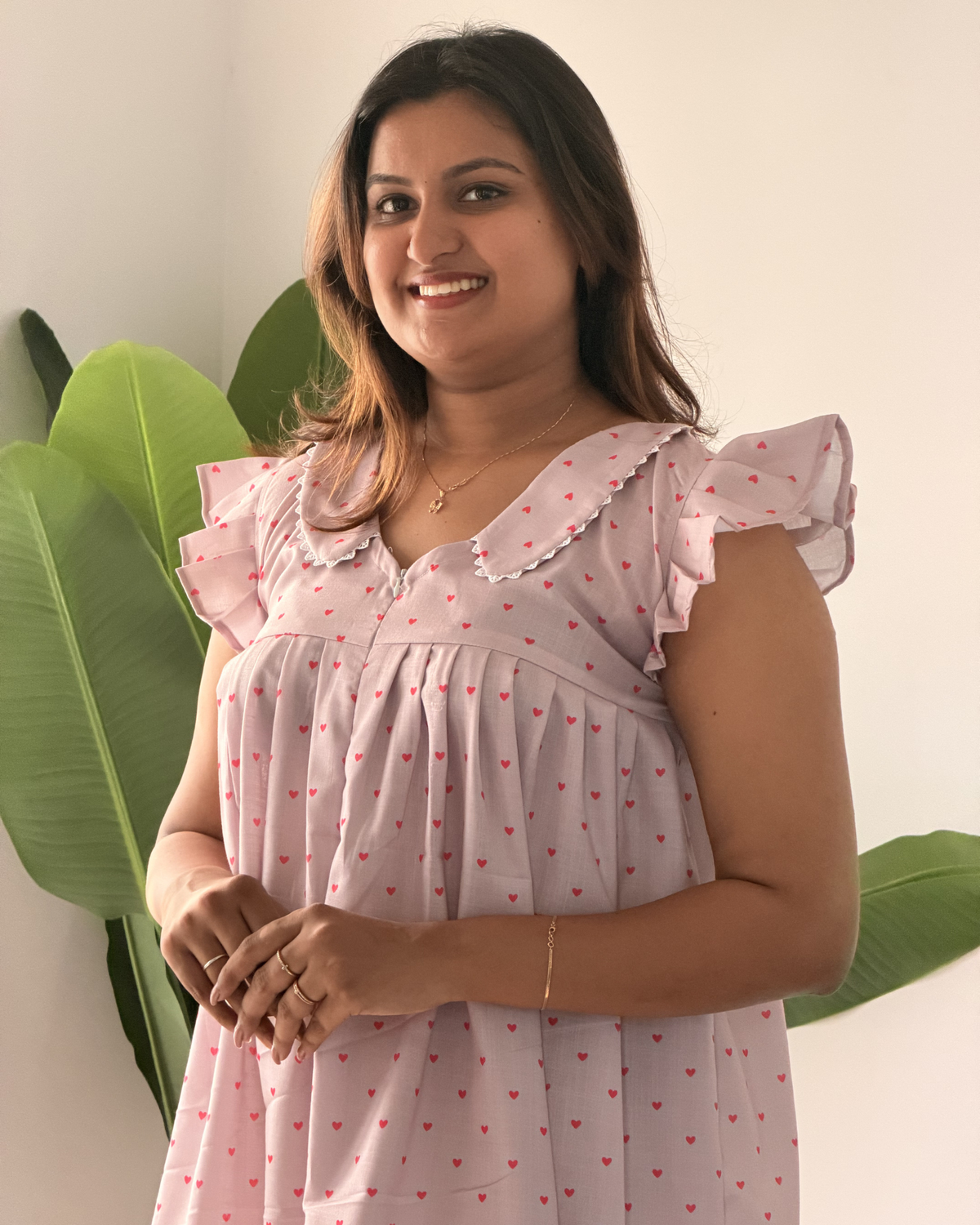 Rosa | She Wardrobe Peter Pan Collar Flutter Sleeve Premium Cotton Maternity & Nursing Gown – Blush Pink Heart Print