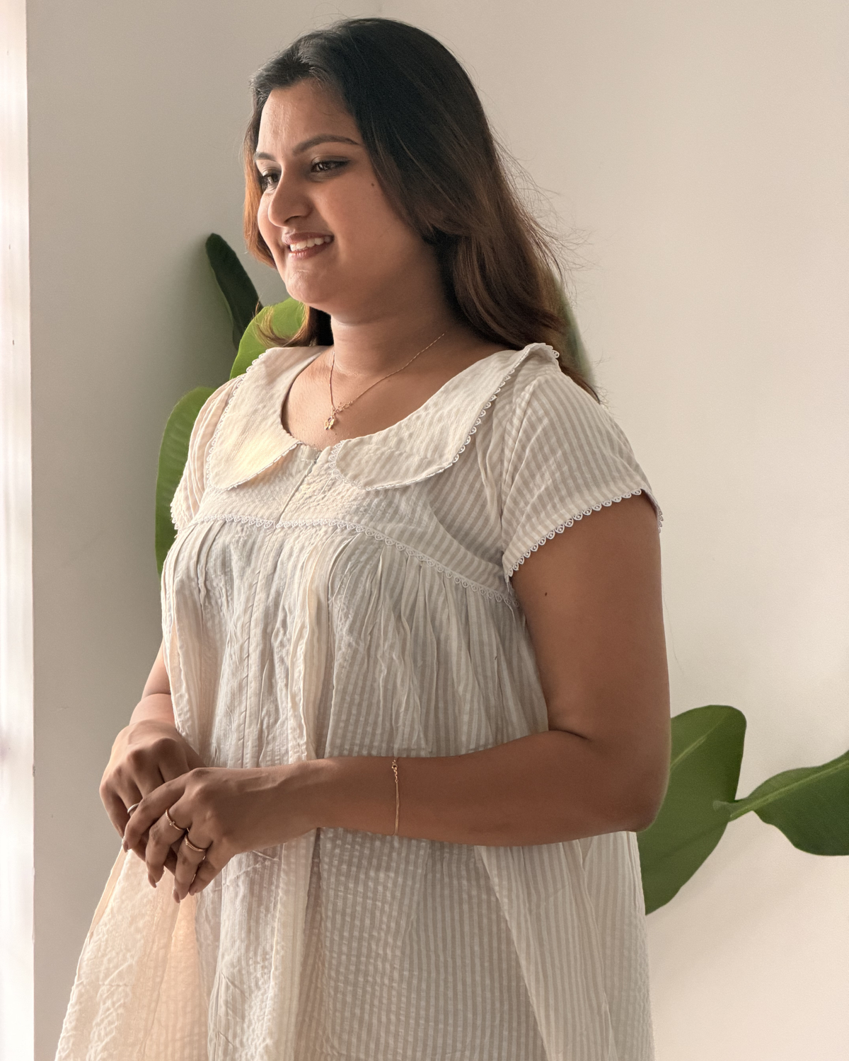 Pearl | She Wardrobe Peter Pan Collar Cap Sleeve Premium Cotton Maternity & Nursing Gown – White Stripe