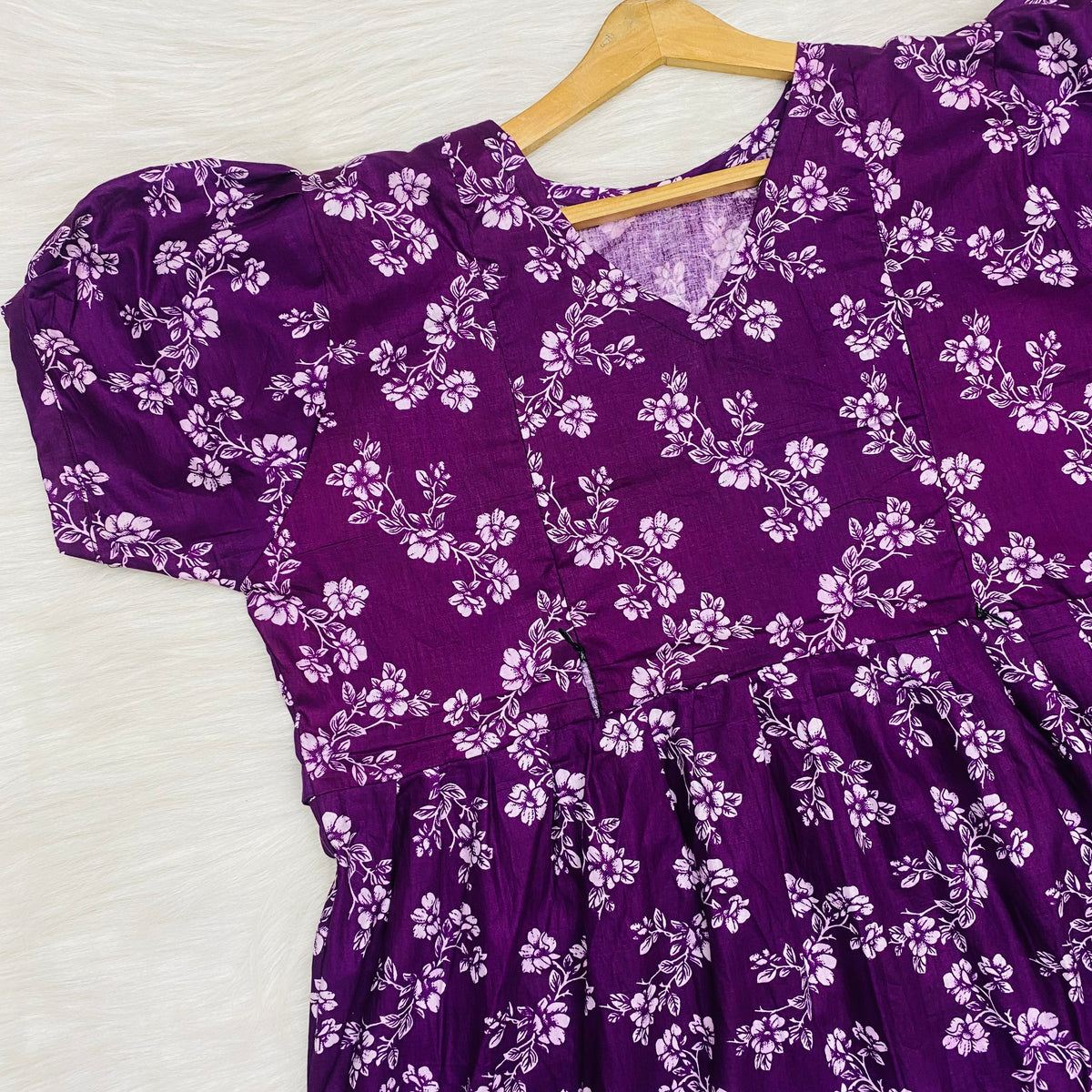 Frock Feeding Nighty, Free Size, Ankle Length, Tie-Up, Puff Sleeve Sleepwear in Softest Cotton Fabric (Bra Size 34"-38" | 50”-52″ length)