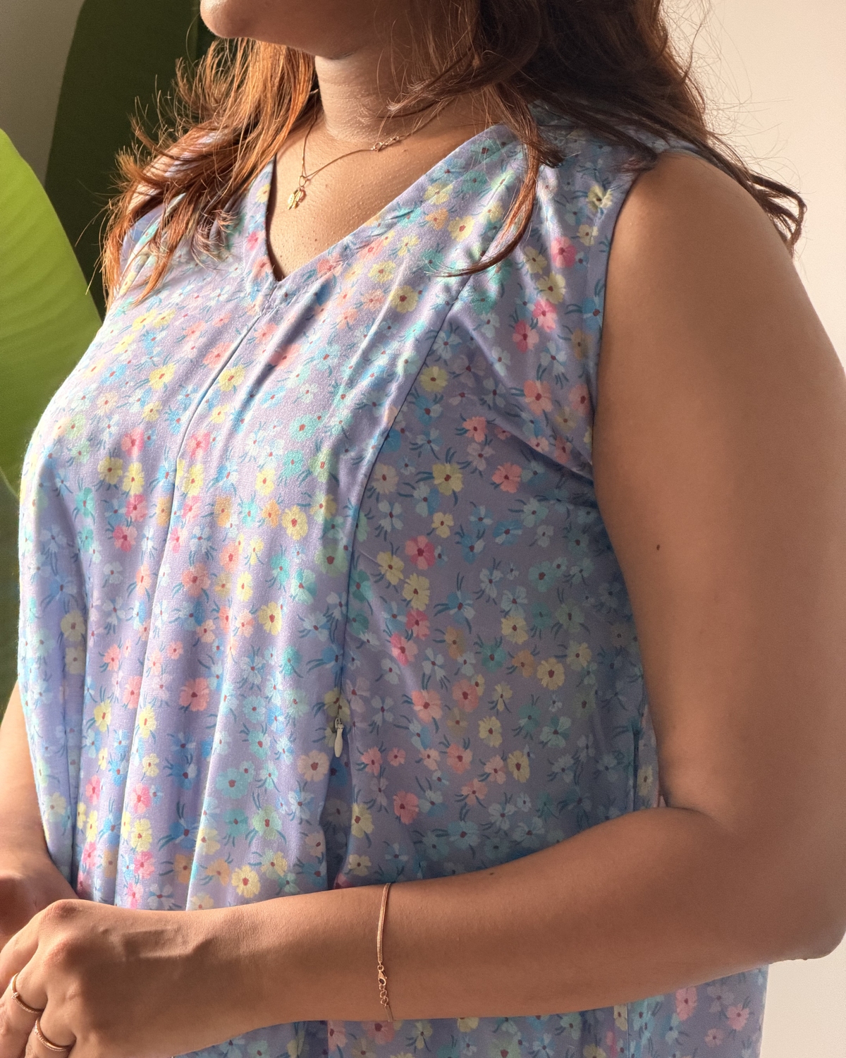 Celeste | She Wardrobe V-Neck Sleeveless Cambric Cotton Maternity & Nursing Gown – Sky Blue Ditsy Floral Print