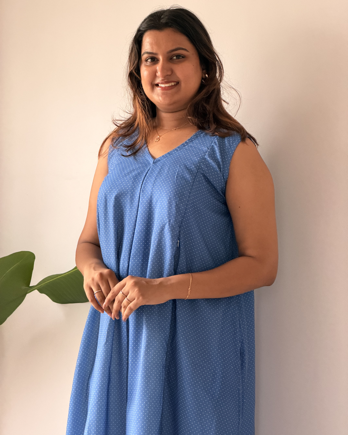 Indigo | She Wardrobe V-Neck Sleeveless Cambric Cotton Maternity & Nursing Gown – Steel Blue Polka Dot Print