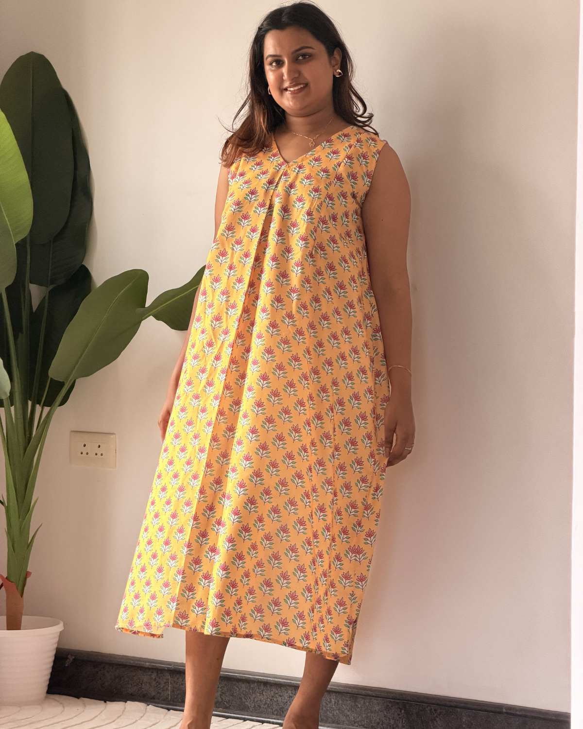 Saffron | She Wardrobe V-Neck Sleeveless Cambric Cotton Maternity & Nursing Gown – Yellow Floral Block Print