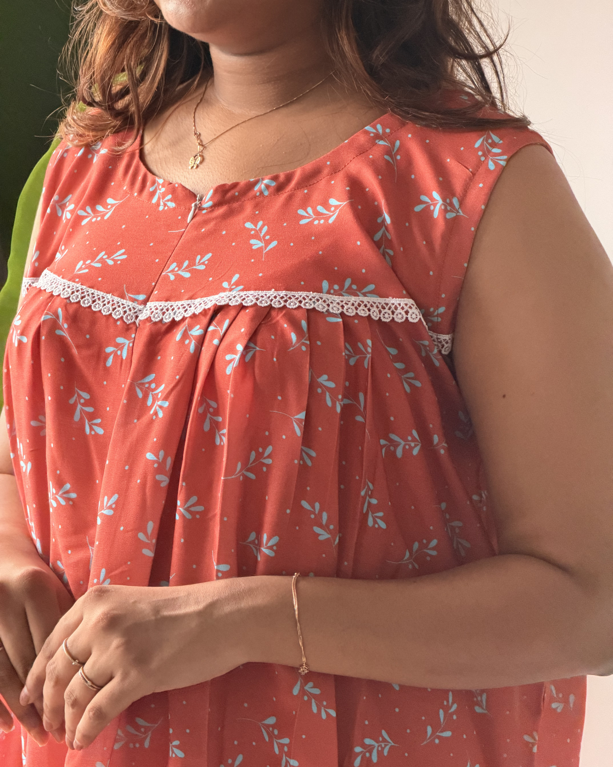 Ember | She Wardrobe Round Neck Lace Yoke Sleeveless Premium Rayon Maternity & Nursing Gown – Terracotta Leaf Print