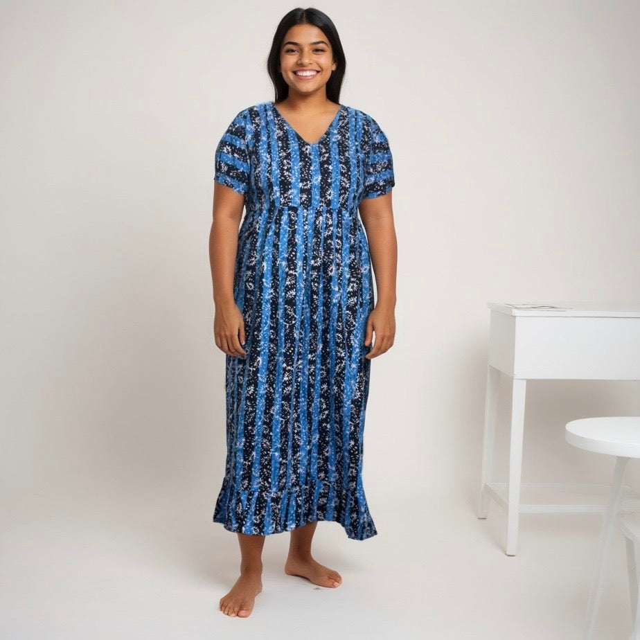 Frock Feeding Nighty, Free Size, Ankle Length, Tie-Up, Puff Sleeve Sleepwear in Softest Cotton Fabric (Bra Size 34"-38" | 50”-52″ length)