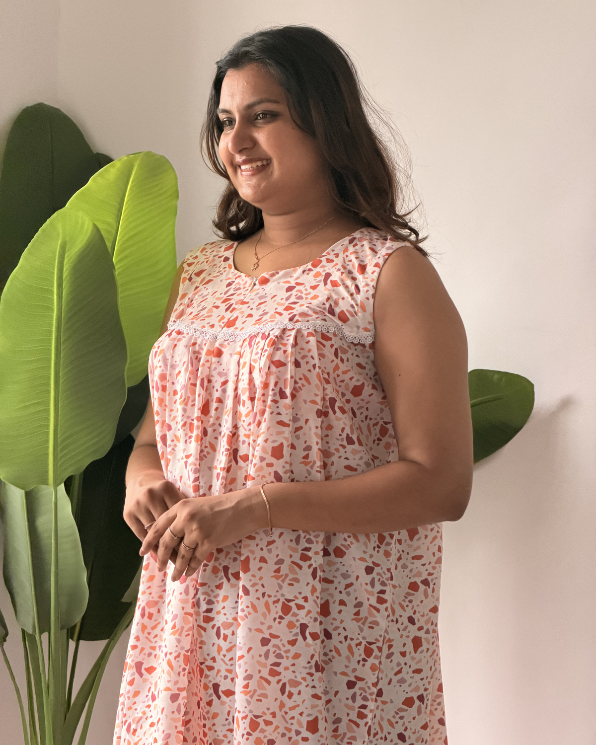 Pebble | She Wardrobe Round Neck Lace Yoke Sleeveless Premium Rayon Maternity & Nursing Gown – White Terrazzo Print