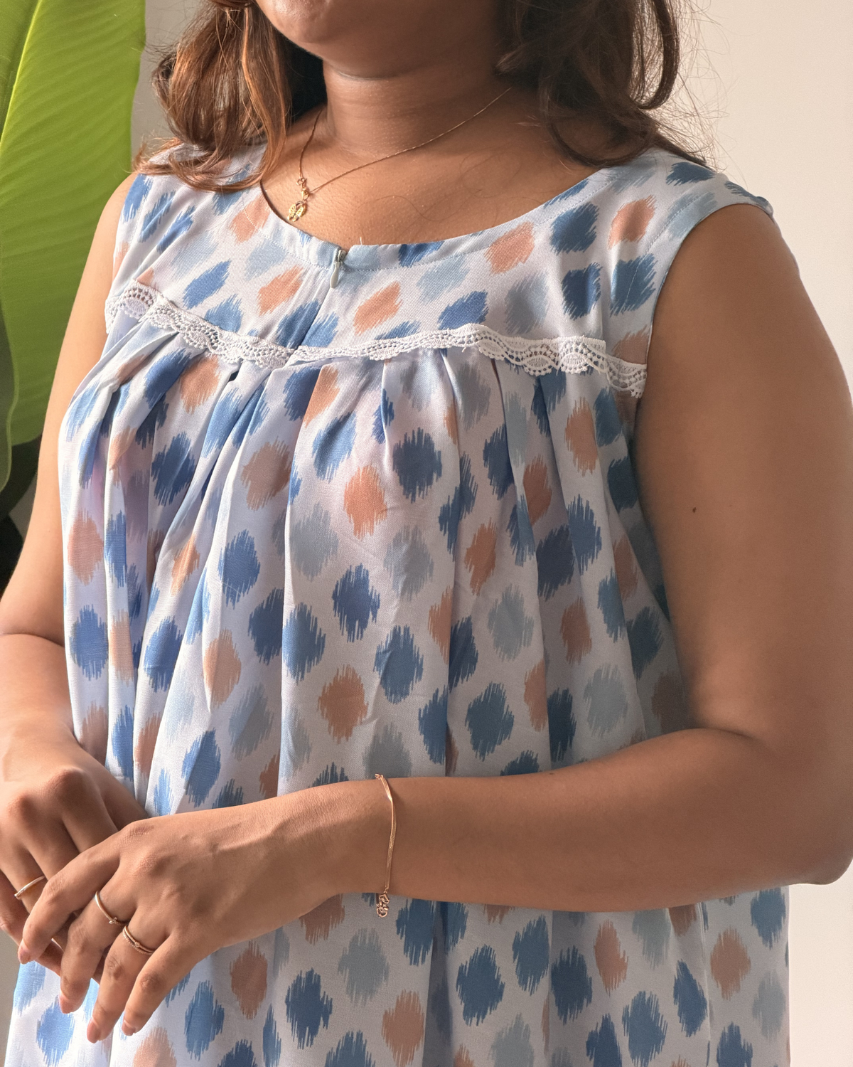 Aegean | She Wardrobe Round Neck Lace Yoke Sleeveless Premium Rayon Maternity & Nursing Gown – Blue Ikat Geometric Print