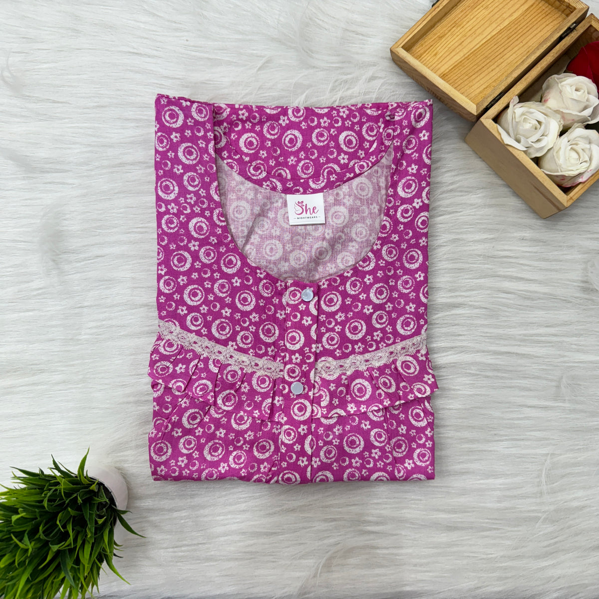 Frill Zip Cotton Nighty, Free Size, Short Sleeve Sleepwear in Softest Cotton Fabric (54″-56″ length)