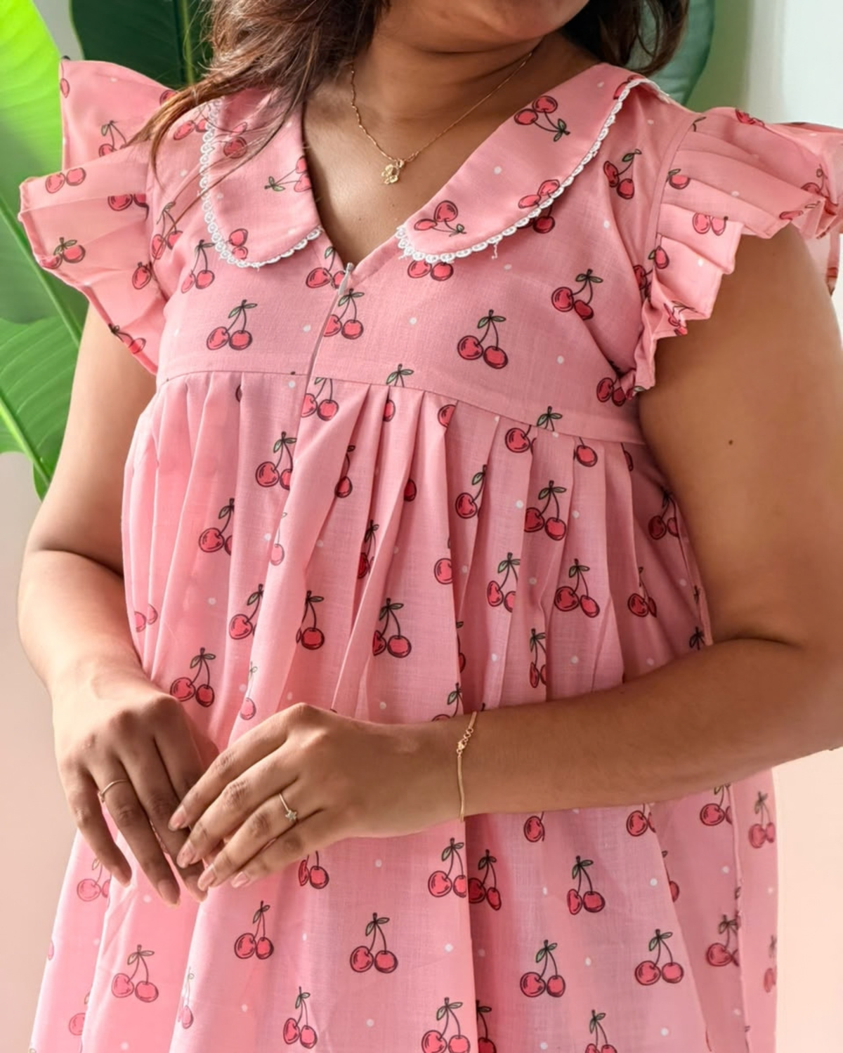 Coco | She Wardrobe Scallop Lace Peter Pan Collar Flutter Sleeve Premium Cotton Maternity & Nursing Gown – Pink Cherry Print