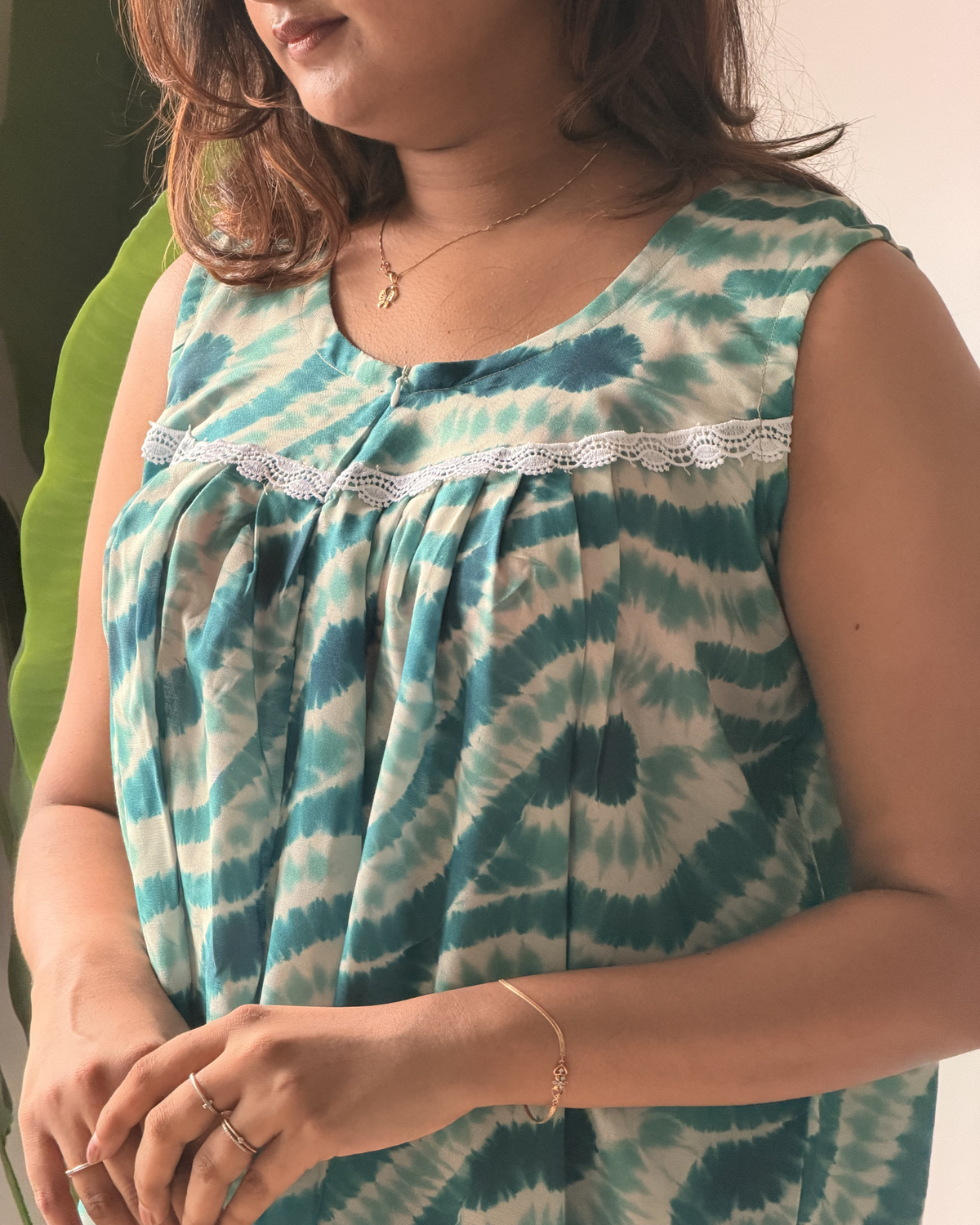 Lagoon | She Wardrobe Round Neck Lace Yoke Sleeveless Premium Rayon Maternity & Nursing Gown – Teal Shibori Tie-Dye Print