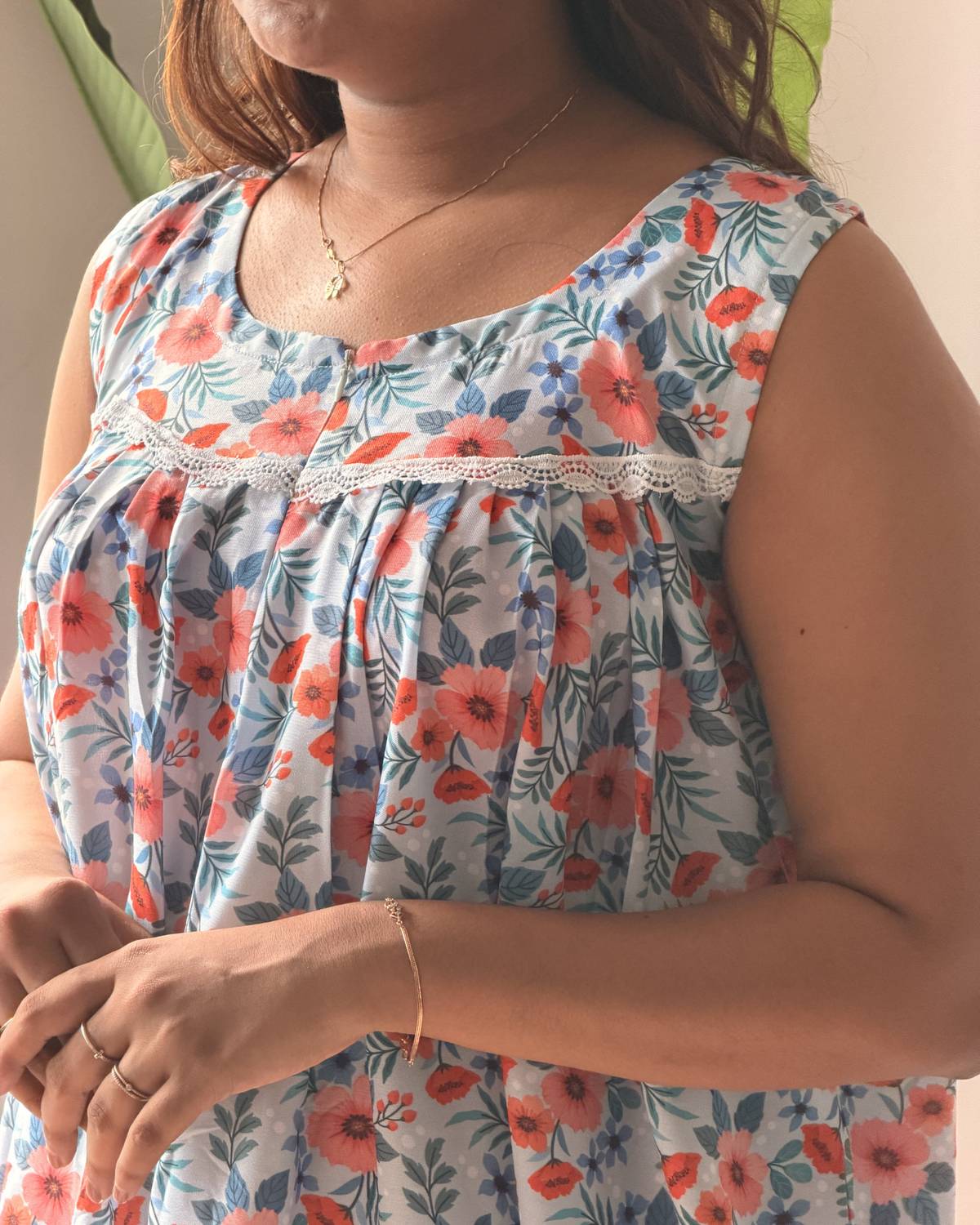 Poppy | She Wardrobe Round Neck Lace Yoke Sleeveless Premium Rayon Maternity & Nursing Gown – White Coral Floral Print