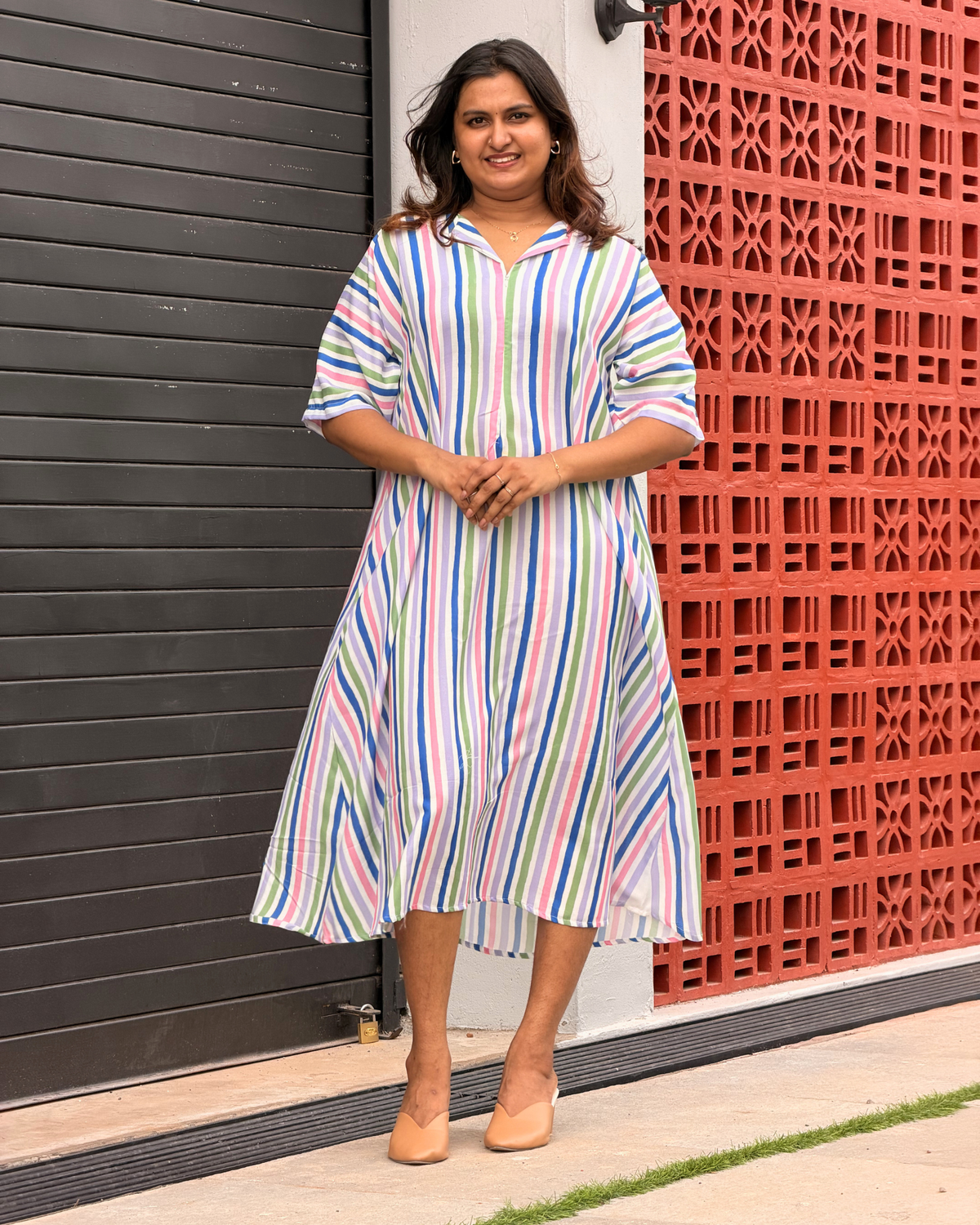 Prism | She Wardrobe Collar Neck Half Sleeve Premium Rayon Maternity & Nursing Gown – Multicolour Stripe