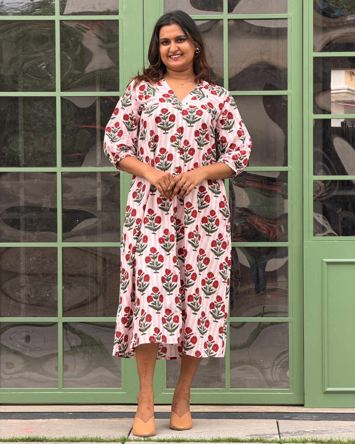 Scarlet | She Wardrobe V-Neck Full Button-Open Three-Quarter Sleeve Premium Cotton Maternity & Nursing Gown – Pink Floral Block Print