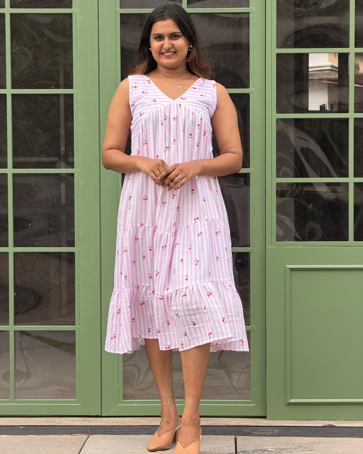 Cherry | She Wardrobe V-Neck Sleeveless Tiered Premium Muslin Double Gauze Maternity & Nursing Gown – Pink Stripe Cherry Print