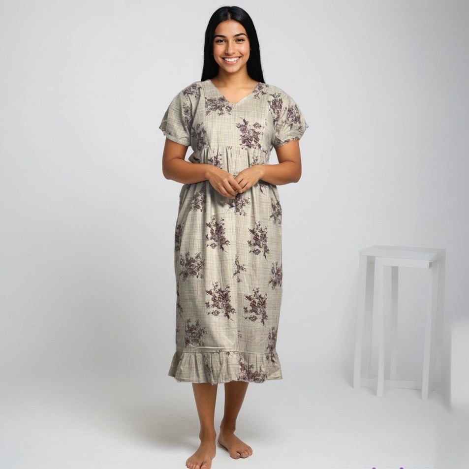 Frock Feeding Nighty, Free Size, Ankle Length, Tie-Up, Puff Sleeve Sleepwear in Softest Cotton Fabric (Bra Size 34"-38" | 50”-52″ length)