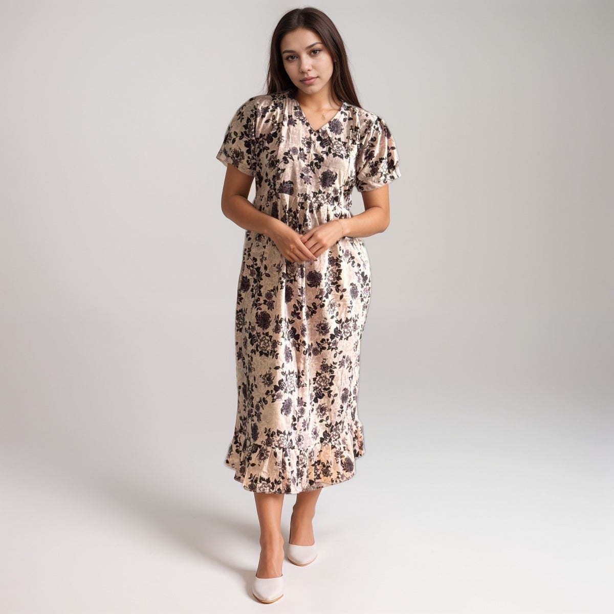 Frock Feeding Nighty, Free Size, Ankle Length, Tie-Up, Puff Sleeve Sleepwear in Softest Cotton Fabric (Bra Size 34"-38" | 50”-52″ length)