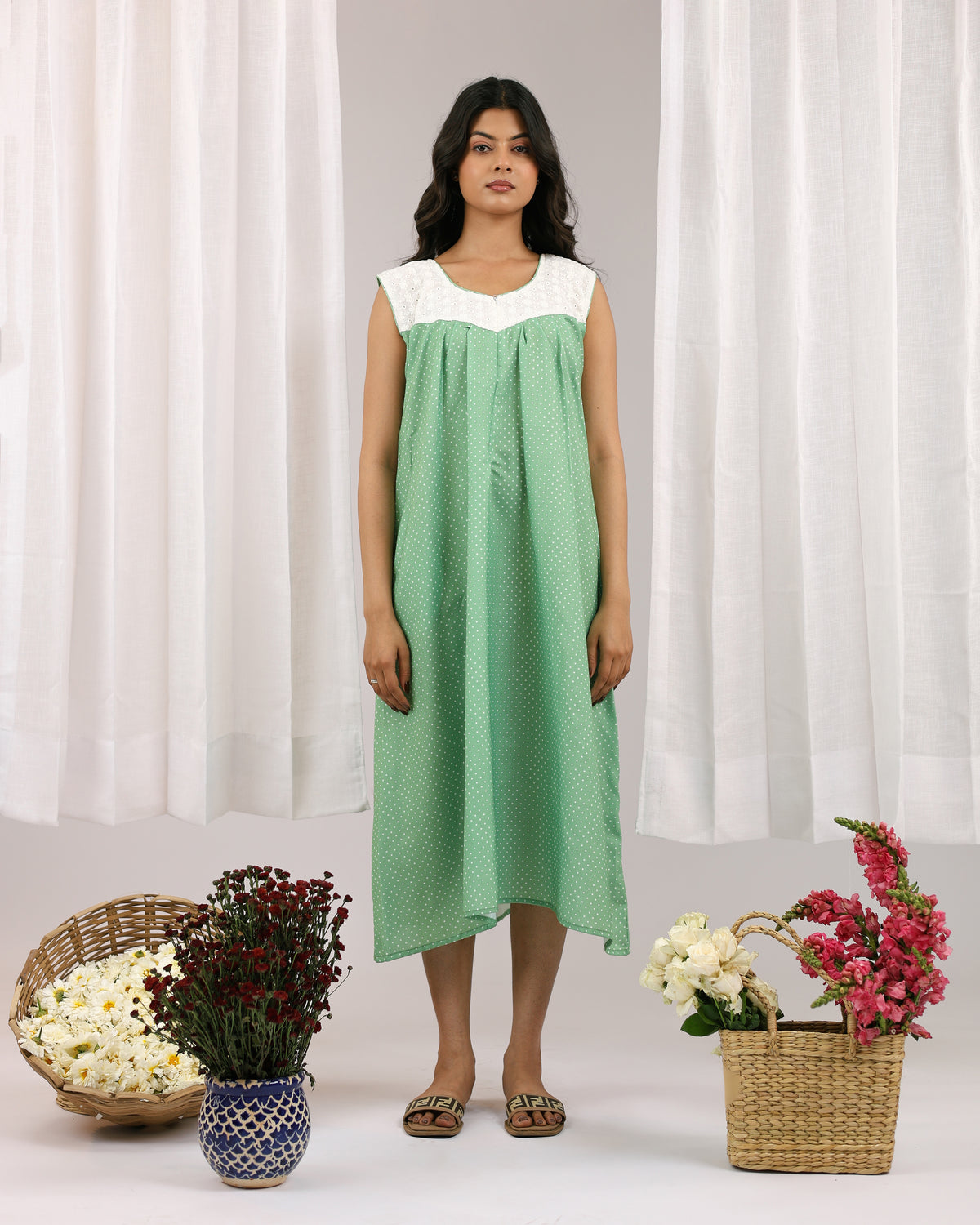 Miri | She Wardrobe Soft Cotton Maternity & Nursing Nighty – Mint Cloud