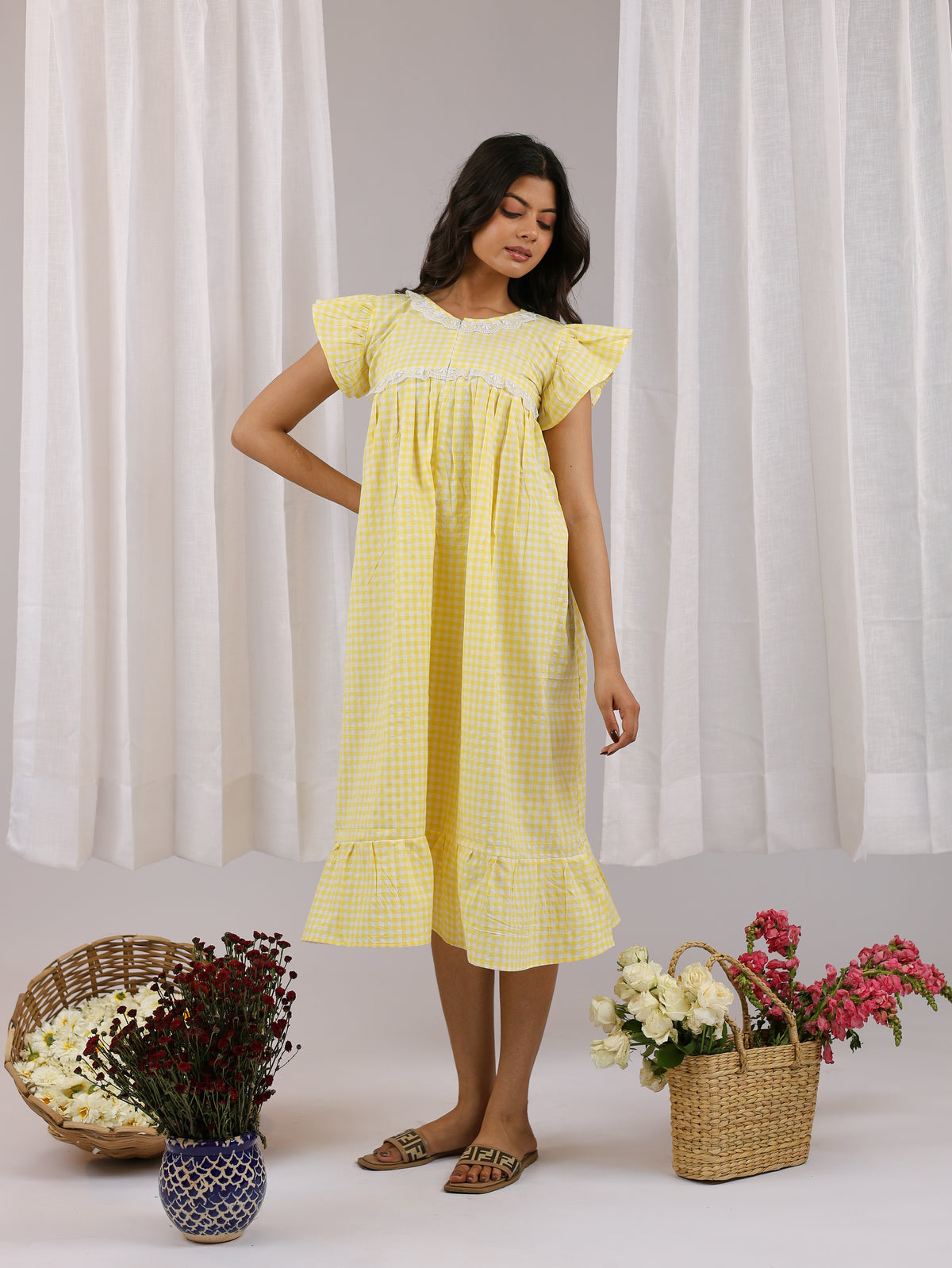 Luma | She Wardrobe Premium Cotton Seersucker Maternity & Nursing Dress – Yellow Gingham