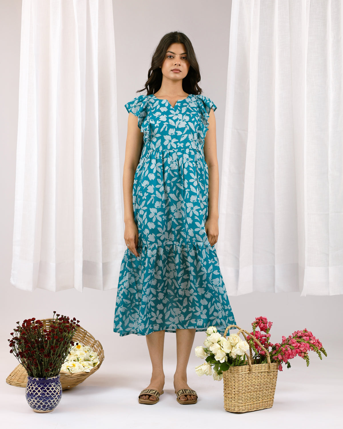 Niva | She Wardrobe Ruffle Sleeve Cotton Maternity & Nursing Dress – Teal Floral