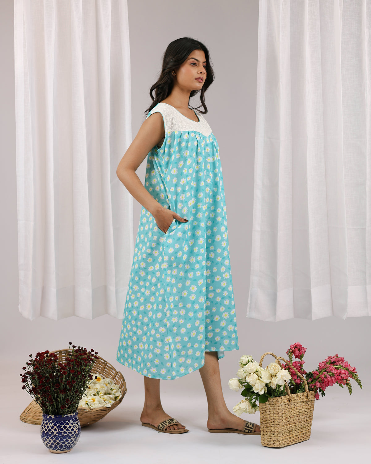 Tavi | She Wardrobe Soft Cotton Maternity & Feeding Nighty – Aqua Bloom