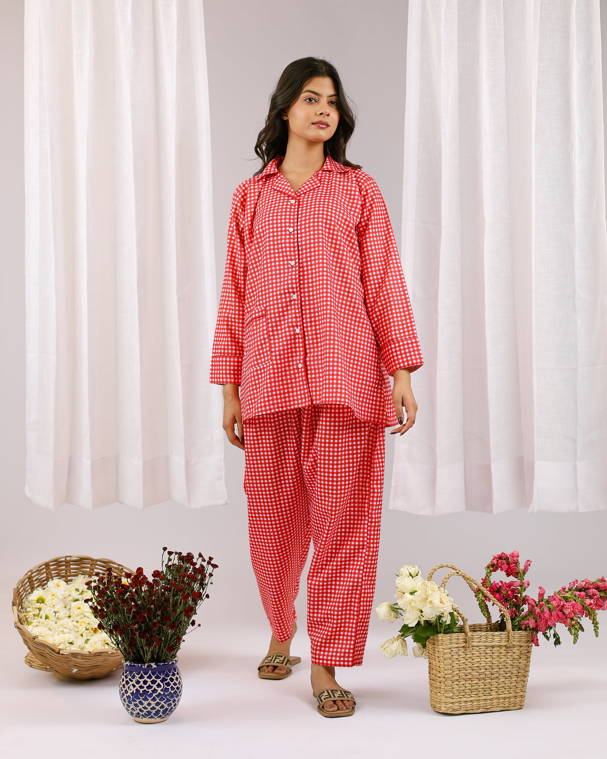Rouge | She Wardrobe Classic Gingham Soft Cotton Maternity & Nursing Pajama Set – Red