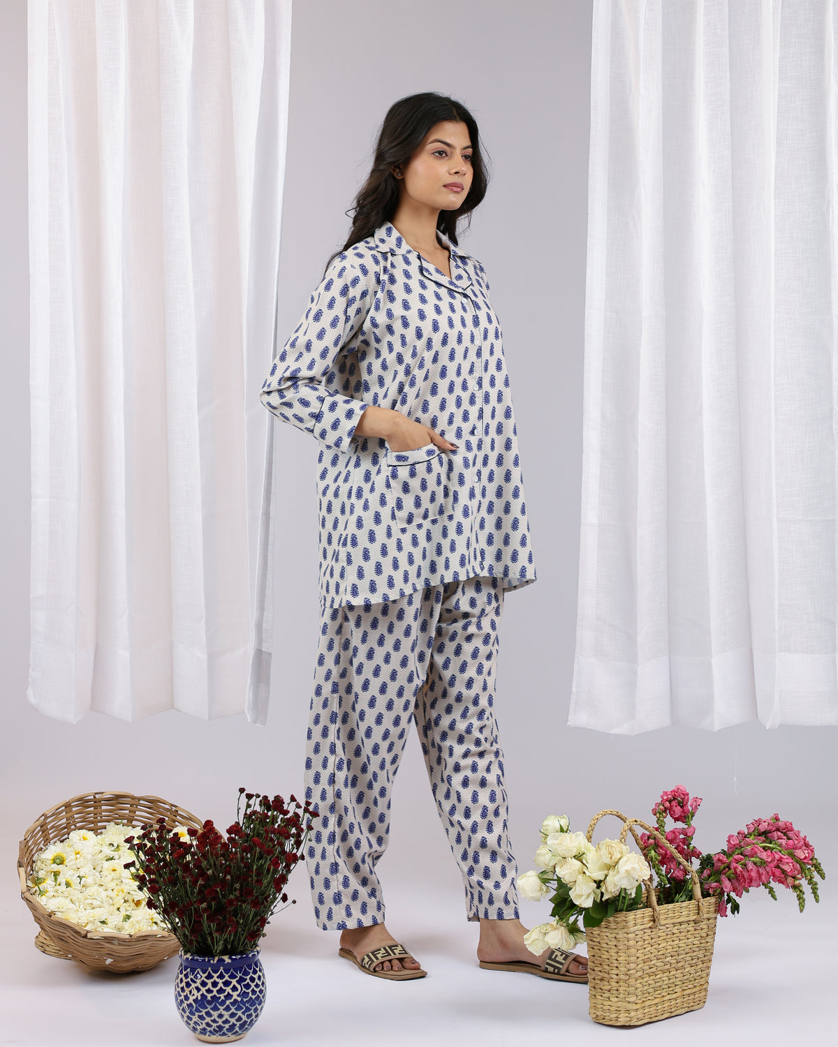 Lyra | She Wardrobe Indigo Motif Premium Cotton Postpartum & Maternity Pajamas – Blue