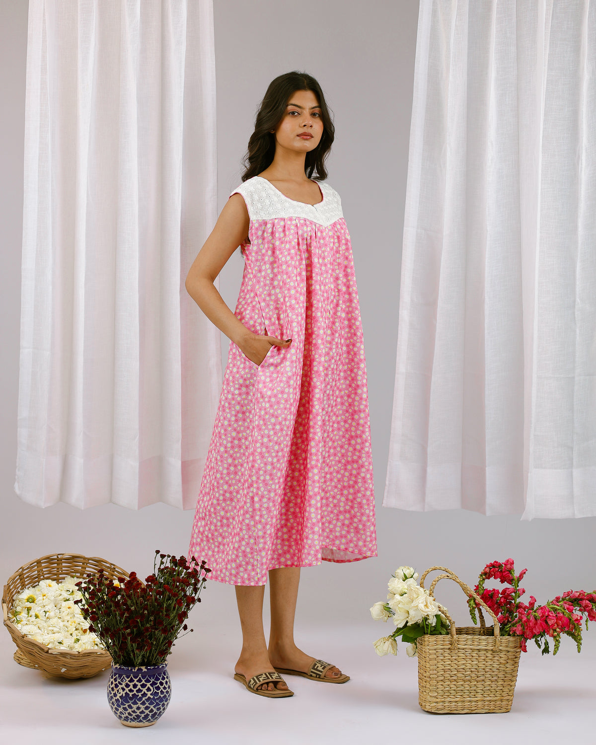 Nori | She Wardrobe Lace Bloom Cotton Maternity & Feeding Nighty – Pink Petal