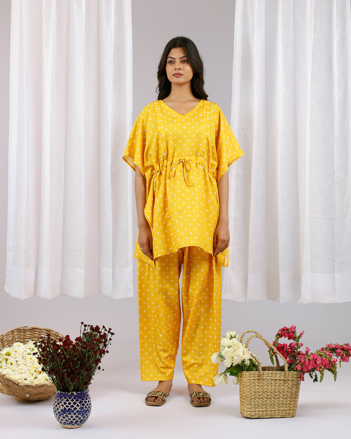 Stella | She Wardrobe Star Print Nursing Kaftan & Pajama Cordset – Sunshine Yellow