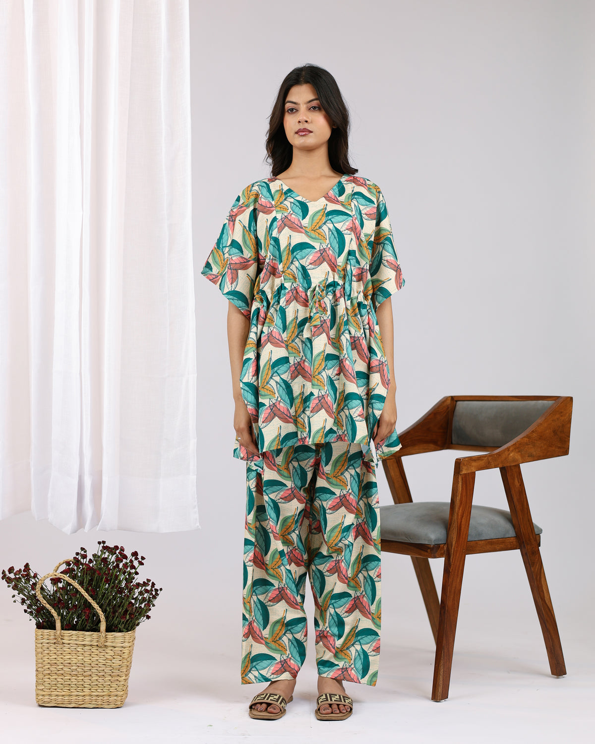 Olive | She Wardrobe Tropical Leaf Nursing Compatible Kaftan Cordset – Multi