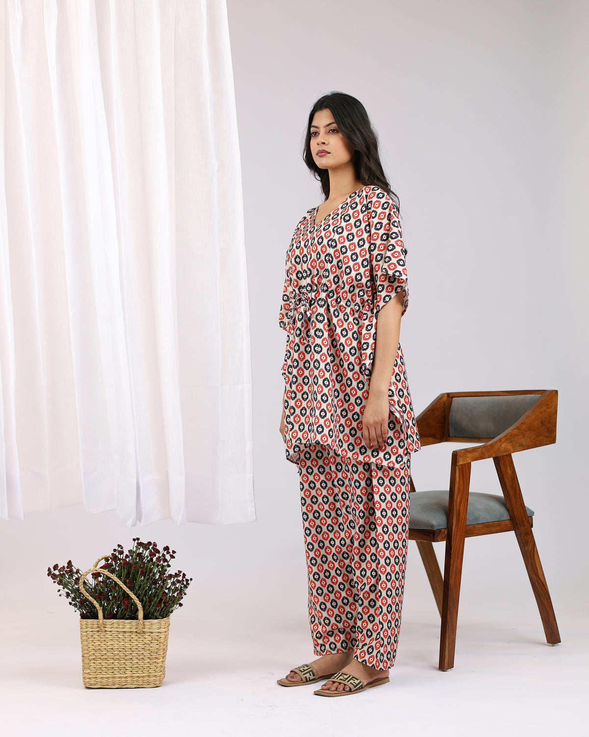 Ruby | She Wardrobe Ikat Motif Premium Cotton Maternity Kaftan Set – Red & Black