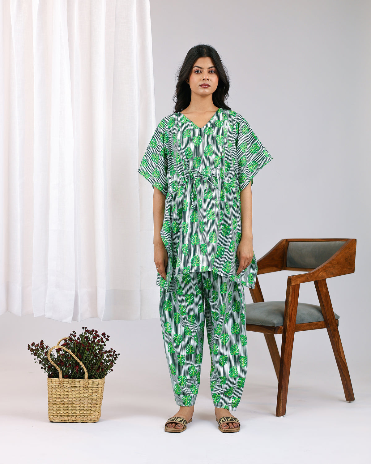 Jade | She Wardrobe Stripe & Leaf Print Maternity Kaftan Pajama Set – Green
