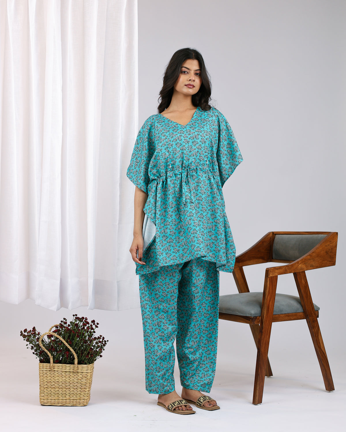 Marina | She Wardrobe Dainty Bloom Nursing Kaftan & Pajama Cordset – Teal