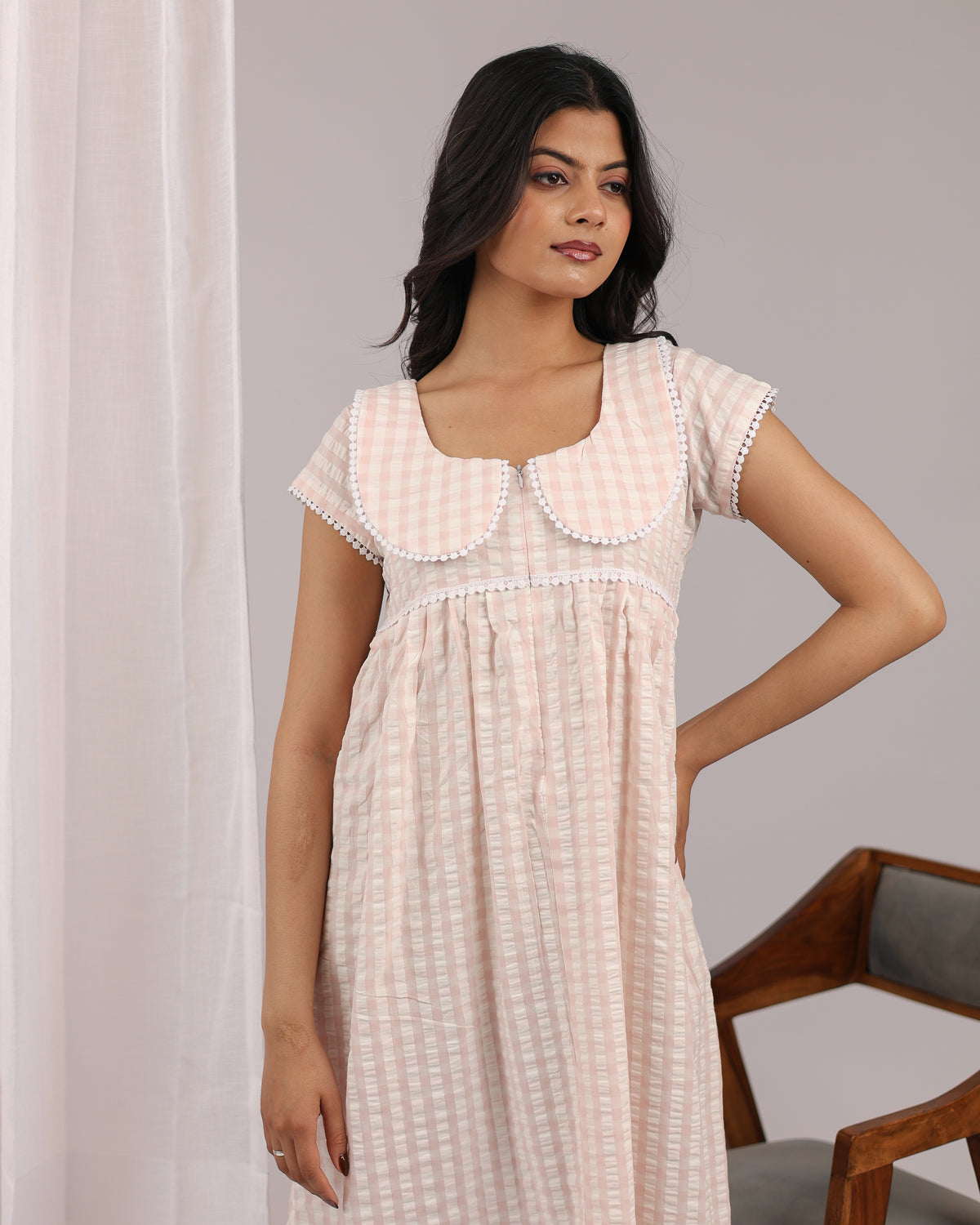 Peony | She Wardrobe Peter Pan Collar Premium Pure Cotton Seersucker Maternity & Nursing Gown – Blush Pink