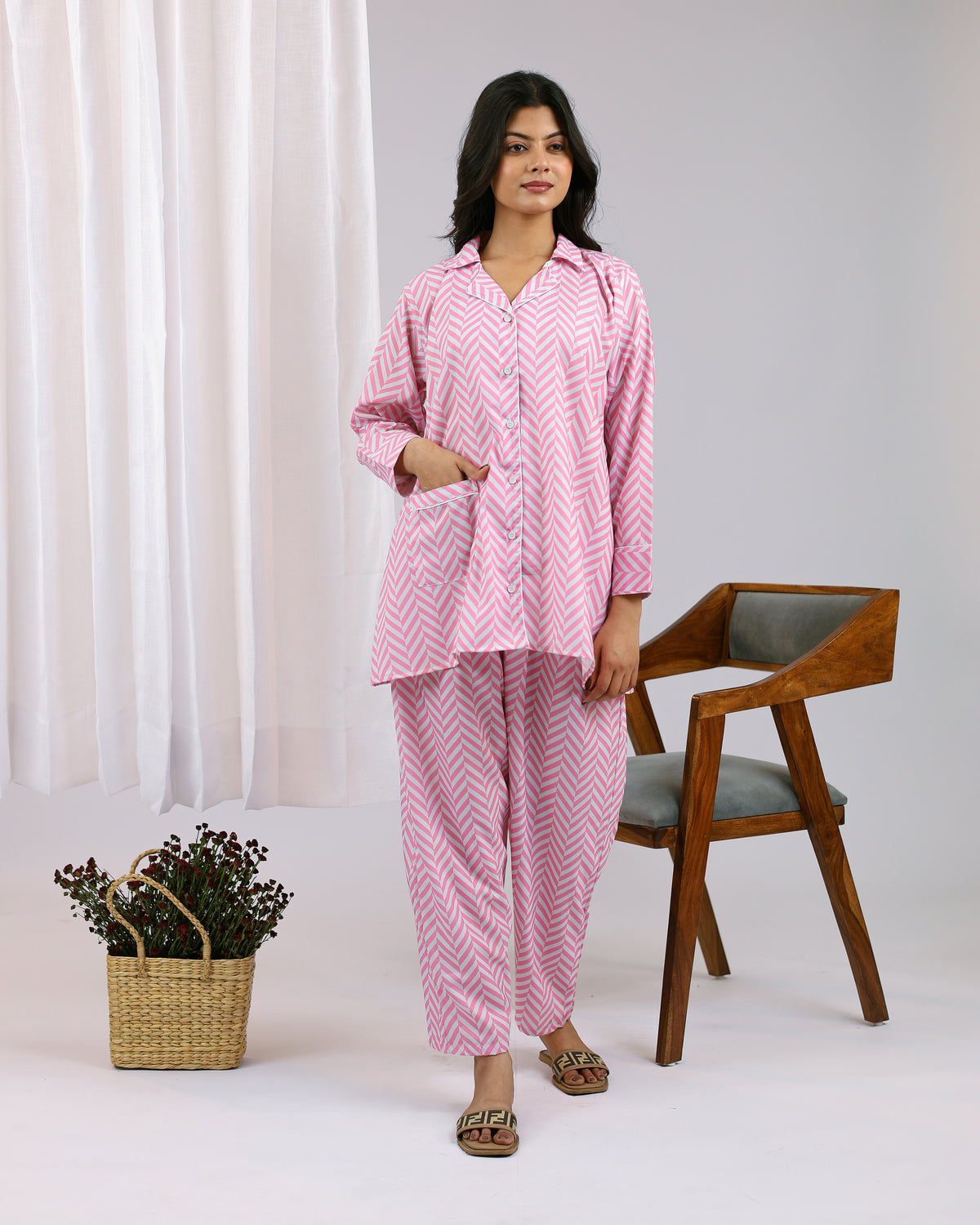 Nova | She Wardrobe Chevron Stripe Soft Cotton Maternity & Nursing Pajama Set – Pink