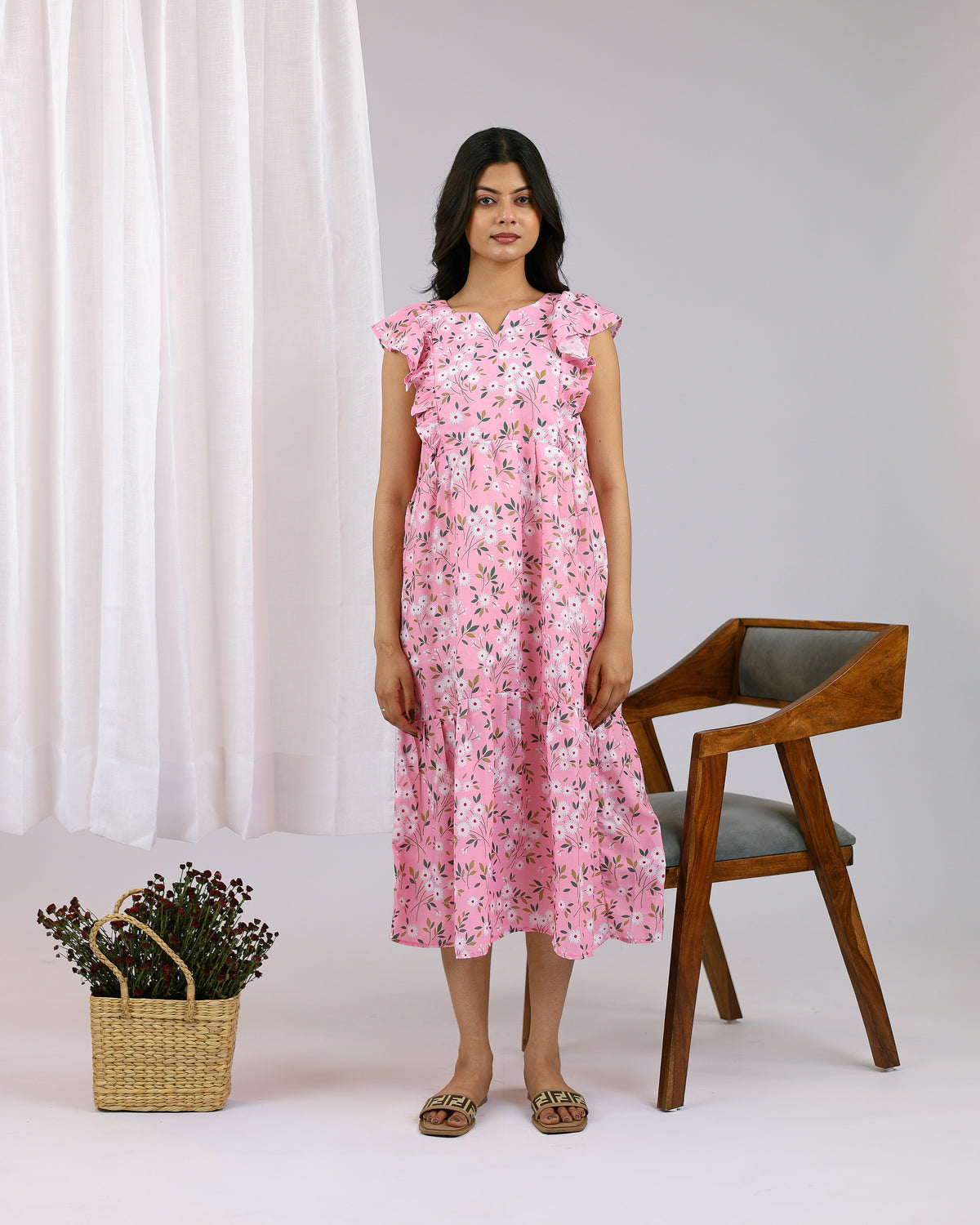 Elin | She Wardrobe Ruffle Sleeve Cotton Maternity & Nursing Dress – Pink Floral